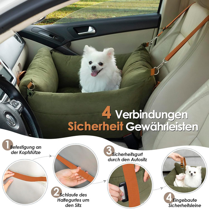 Small & Medium Dog Car Seat - Portable Pet Carrier with Extendable Bed, Washable Travel Dog Bed with Storage Pockets & Safety Belt - Green