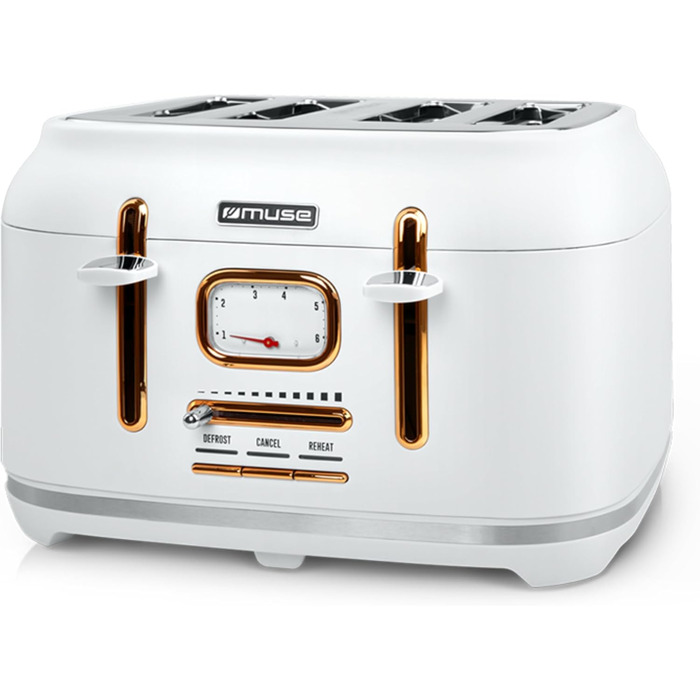 Тостер Muse MS-131 BC з нержавіючої сталі, 4-х місний, ретро дизайн, 6 рівнів підсмажування, з підсвічуванням, з лотком для крихт (білий)