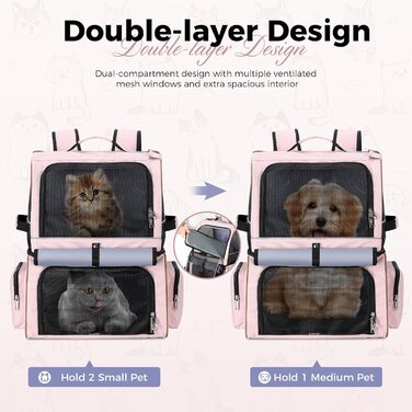 Подвійний рюкзак для котів на 2 котів, великий транспортний рюкзак для домашніх тварин, складаний рюкзак для котів та собак до 11 кг (рожевий)