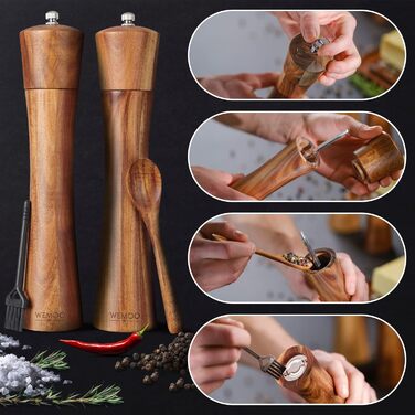 Wooden Salt and Pepper Grinder Set, Very Large (25.5 cm) | Spice Grinders with Durable Ceramic Grinder | Extra Filling Spoon and Cleaning Brush | Set with Pepper and Salt Mills