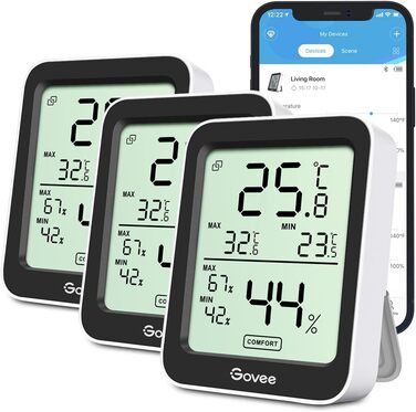 Govee Thermometer Hygrometer, Mini LCD Digital Thermometer Hygrometer Indoor with Notification Alarm, Precise Hygrometer Temperature with APP, Data Storage for Greenhouse Wine Cellar (3 pack)