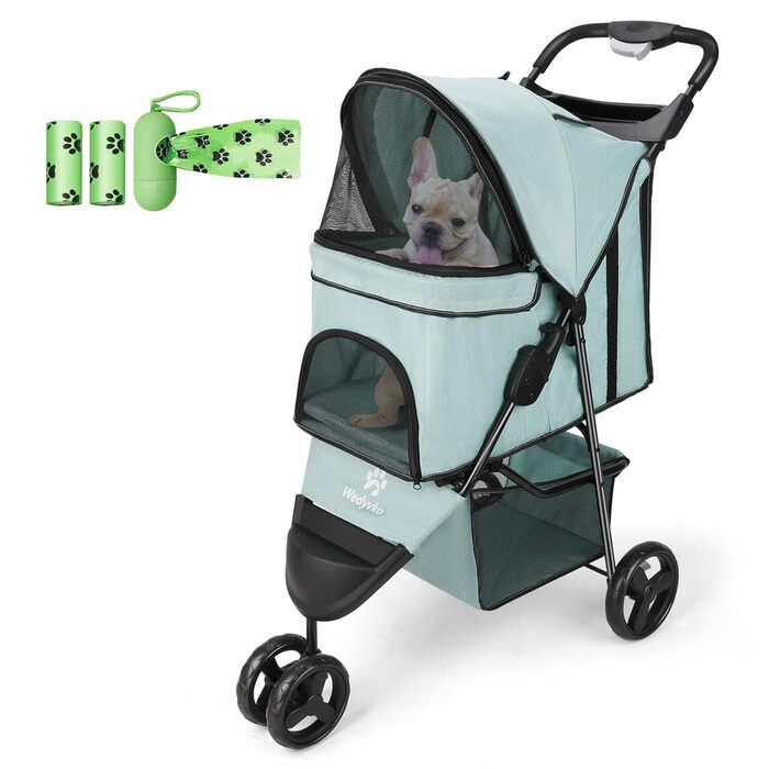 Дитяча коляска для тварин, складна, для котів/собак, з кошиком для зберігання та тримачем для напоїв, 3 колеса, для собак та котів, для маленьких або середніх собак, котів, цуценят (Блакитно-зелений)