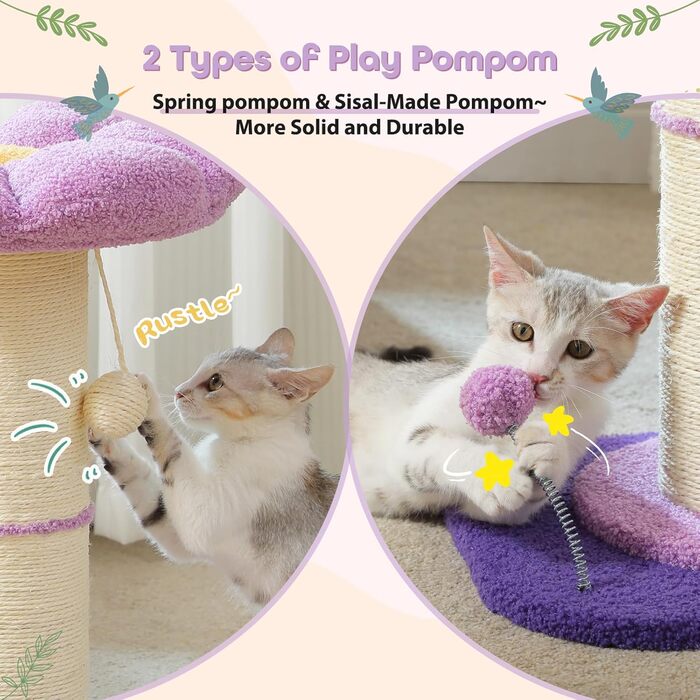 Flower Cat Tree - Small Cat Tree for Indoor Cats with Super Thick Scratching Post [Dia=14cm], Detachable Flower Cat Bed, Feather Ball - (Purple)