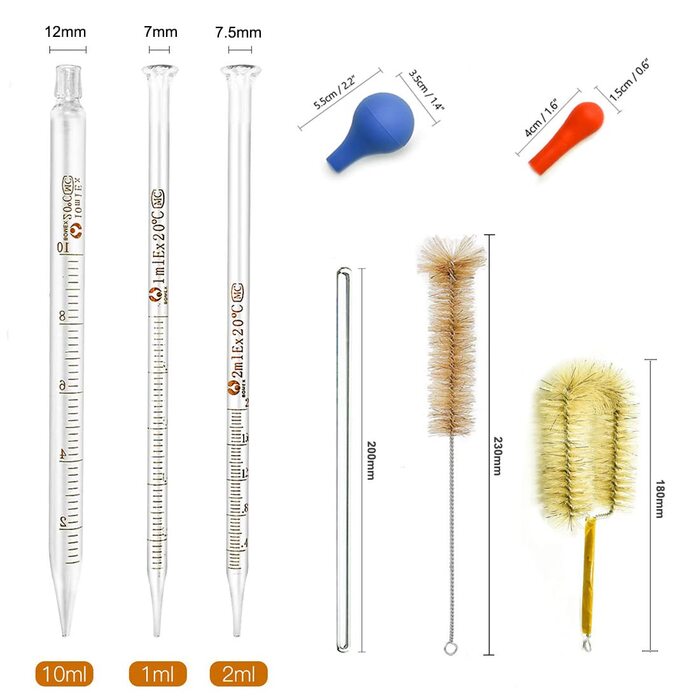 Beaker Cylinder Pipette Set, JESSTOLO 5-Piece Thick Glass Graduated Beakers, 4 Glass Measuring Cylinders with 3 Glass Measuring Pipettes, 4 Glass Stir Sticks and 2 Washing Brushes