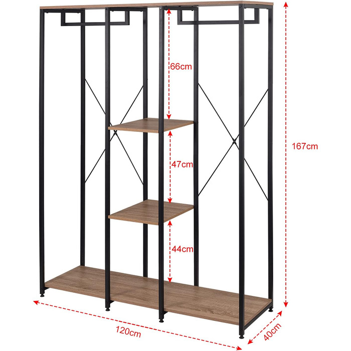 Clothes Rack Coat Rack, Open Wardrobe for Bedroom, Laundry Rack Hanging Shelf with Storage, Wood Steel, Black+Light Oak