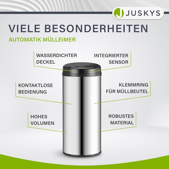 Відро для сміття Juskys з датчиком руху, 30 л, нержавіюча сталь, з кришкою-кліпсою для пакетів, безконтактне відкриття