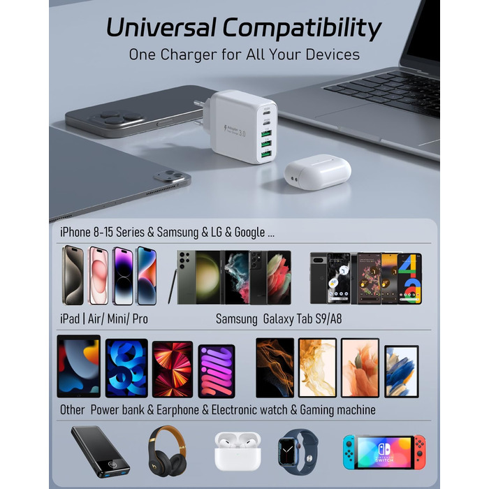 Багатопортовий зарядний пристрій Gcstnn 50W з 2 USB-C та 3 USB-A портами (білий) - для iPhone, iPad, Samsung Galaxy, Google
