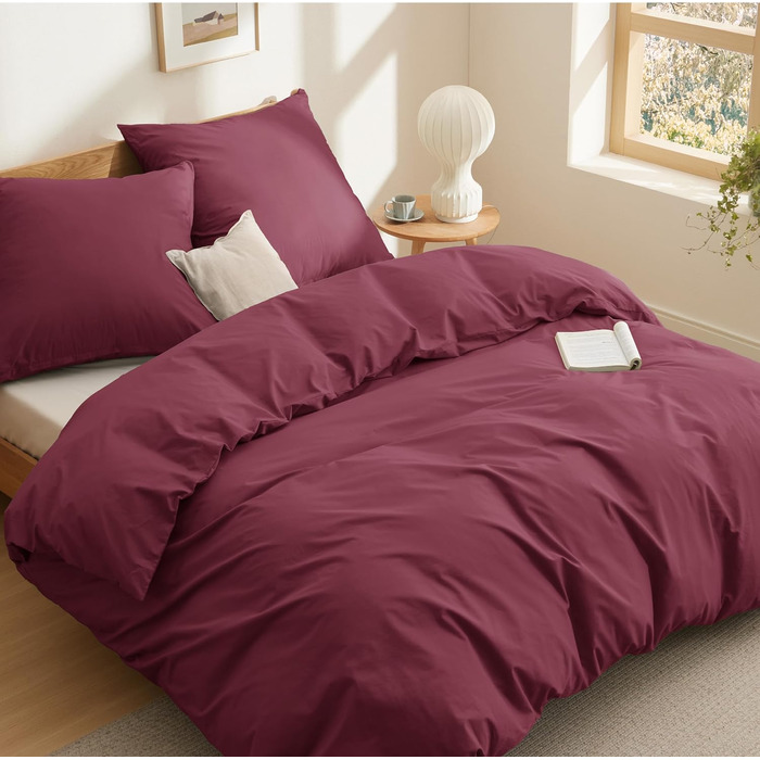 Комплект постільної білизни BEDSURE 135x200 з бавовни 4-х частинний - сірий колір, комплект з 2 наволочок 80x80 см, Oeko-TEX сертифікація, застібка на блискавку (200 x 200 см, бордовий колір)