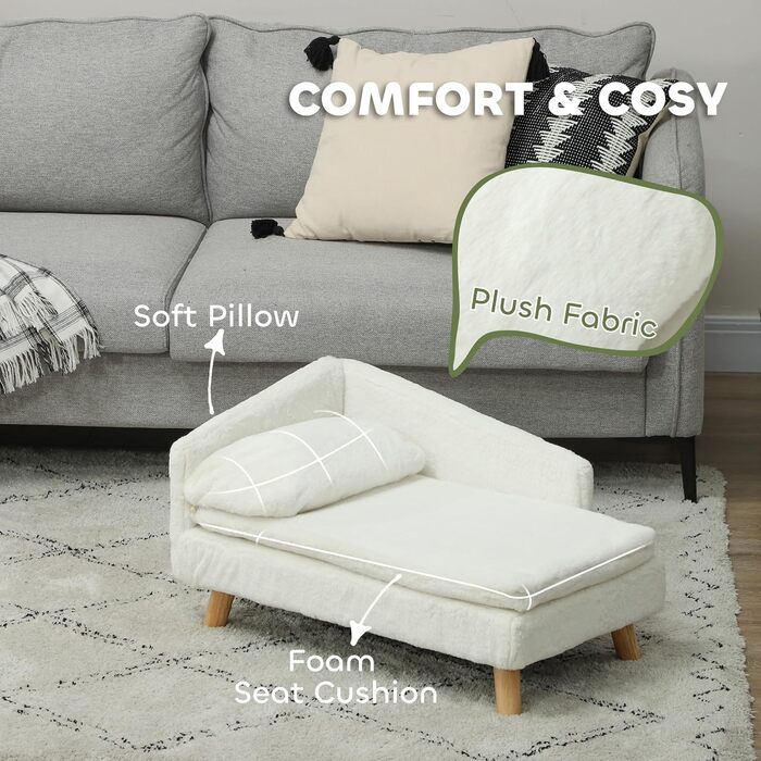 PawHut Диванчик для собак та котів з м'яким подушками, знімний та пральний чохол, з плюшу, 70 x 42,5 x 38,5 см, кремовий