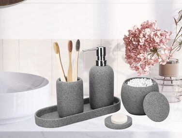Набір аксесуарів для ванної кімнати з штучного каменю, 5 предметів: диспенсер для лосьйону, мильниця, тримач для зубних щіток, попільничка, тримач для ватних паличок, сучасний декор для ванної кімнати (сірий)