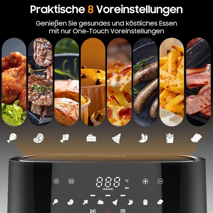 Iceagle Hot Air Fryer XXL Air Fryer 9L - Hot Air Fryer with Large Viewing Window | Oil-Free Air Fryer with Digital LED Touchscreen, 8 Programs, Shake Mode, 1800W, 9L Recipe Book with Window