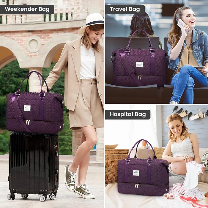 Спортивна сумка-дорожня LOVEVOOK для жінок, велика, Weekender, з косметичкою та відділенням для взуття, водонепроникна, для подорожей, літака, фітнесу (M-2шт, Темно-ліловий)