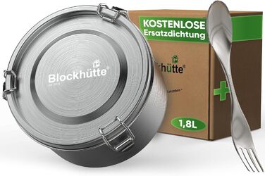 Premium Blockhut Jausenbox Stainless Steel Round I 1800ml I with Spoon 2x Seal Set I Leak-proof Stainless Steel Lunchbox for Adults I Stainless Steel Storage Containers Freezer-safe I Brotzeitbox (German for snack box) Stainless Steel