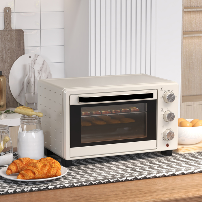 HOMCOM Mini Oven with Rotisserie, Small Oven 21L Toaster Oven with 1 Wire Rack and 1 Baking Tray, 3 Cooking Modes, 100°C-230°C, Stainless Steel, Glass, Cream White