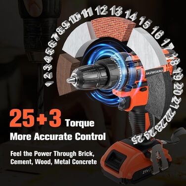 Акумуляторний шуруповерт AKZWOXRO 21V з 2 акумуляторами 2.0Ah, 42Nm, 2 швидкості, 25+3 ступені крутного моменту, патрон 10мм, LED, 30шт аксесуарів для дому та саду, помаранчевий колір