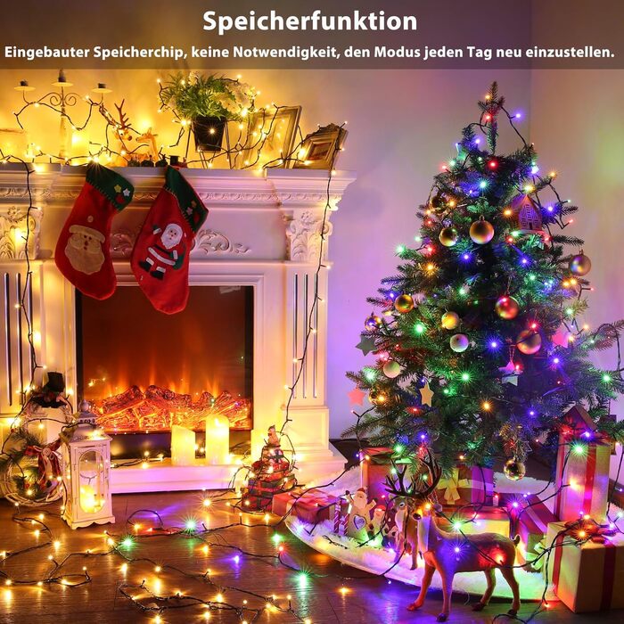 Ланцюжок прикрас Joomer 200 LED, 20 метрів, на батарейках з таймером, 8 режимів, вологостійкий, для декорування ялинки, саду, вечірки, шлюбу, внутрішнього та зовнішнього використання, тепле біле світло, зелений кабель