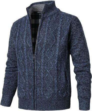 Чоловіча в'язана кофта-кардиган з коміром-стійкою та скрученим візерунком. Тепла флісова куртка з блискавкою для чоловіків (XL, сірий & блакитний)