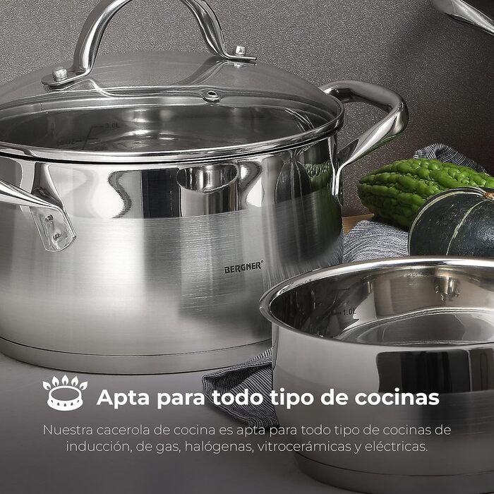 Каструля BERGNER Gourmet 8 л з кришкою, нержавіюча сталь, для всіх типів плит, ергономічні ручки