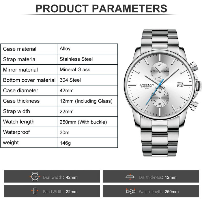 Чоловічий годинник-хронограф з нержавіючої сталі та металу, водонепроникний, кварцовий, з авто-датою та яскравими стрілками (білий)