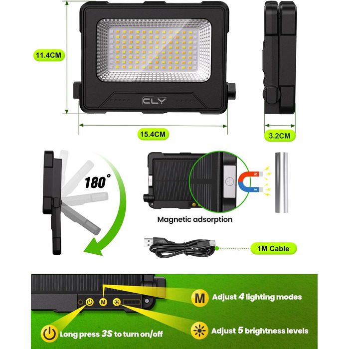 80W LED Construction Floodlight Battery Solar Work Light Portable, 4 Light Modes 12000mAh Battery Work Light USB Rechargeable 5 Brightness Levels Camping Lamp Portable Outdoor for Emergencies Construction Site Camping Garage