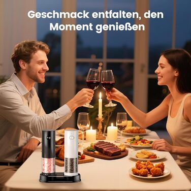 Електричні мельниці для солі та перцю 2 шт. з USB-C зарядкою, регулюванням помелу, LED-підсвічуванням, керамічним жорном та стійкою підставкою – чорний та білий