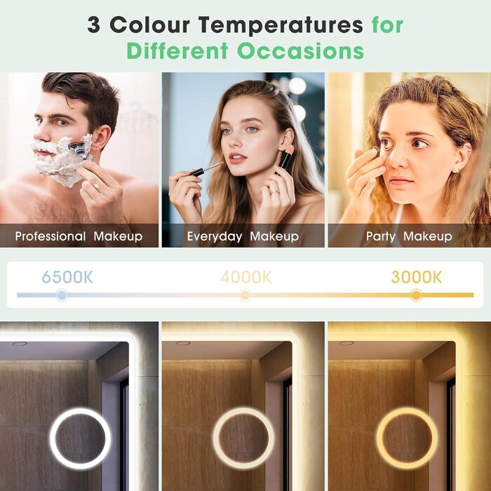 Дзеркало для ванної кімнати S'bagno з підсвічуванням 80x60 см, LED, Bluetooth, протитуманне покриття, 3 кольори, диммування, пам'ять налаштувань, загартоване скло, IP44, водонепроникність, горизонтальне/вертикальне встановлення