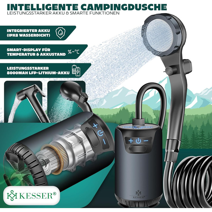 Сонярна душова кабіна KESSER® з насосом та акумулятором 8000mAh. Комплект для кемпінгу: регульована лійка, 2м шланг, пістолет-розпилювач, кріплення. Без бака. Чорний колір