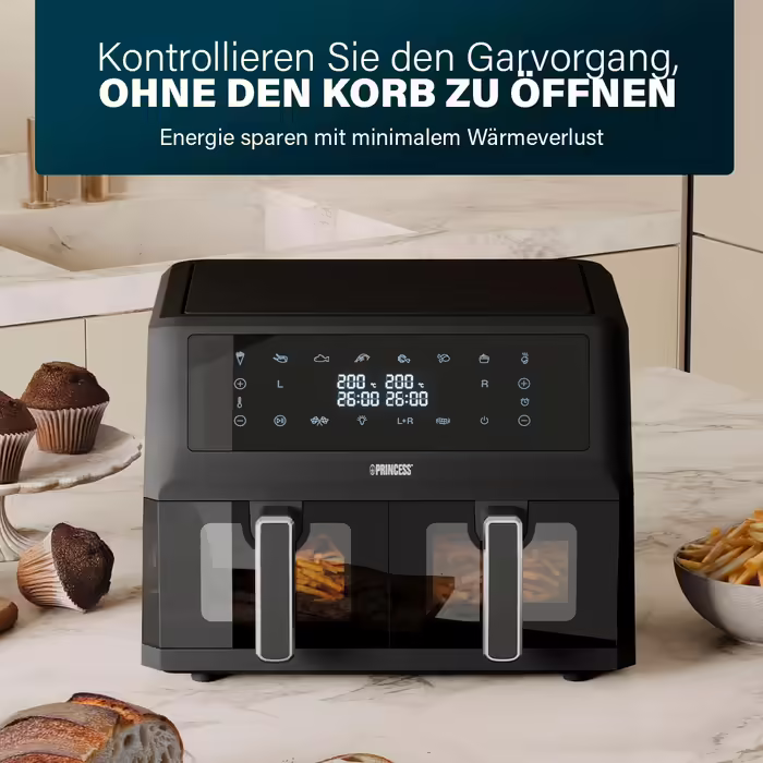 Princess Double Basket Air Fryer - 2 Compartments - 11 L - BPA- and PFAS-free - Sync Function - 8 Programs - Viewing Window - 2400 W - 182276 DOUBLE CHAMBER 2x5.5L