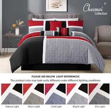 Комплект постільної білизни Chezmoi Collection Upland, 7-piece, Patchwork, для ліжка King Size (Oversized), червоно-сірий-чорний