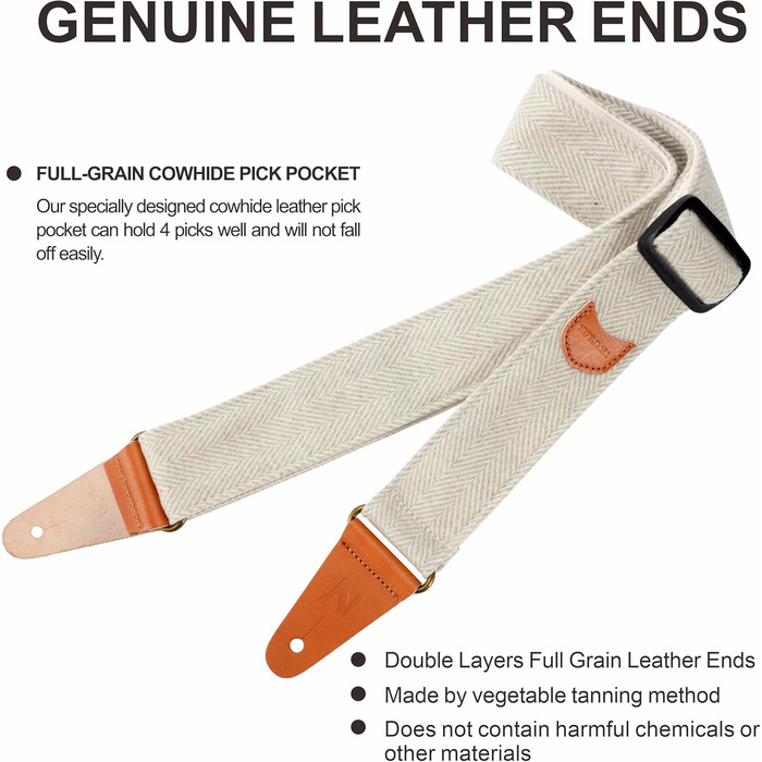 Гітарний ремінь Nefelibata: м'який, з кашеміру, повноекошкіряний. Для бас-, електро- та акустичної гітари. З кнопкою, замками та медіатором. Кремовий та білий твід