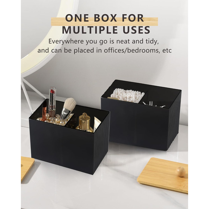 Диспенсер для ватних дисків та паличок з бамбуковим кришкою, органайзер для ватних виробів, чорний, для ванної кімнати