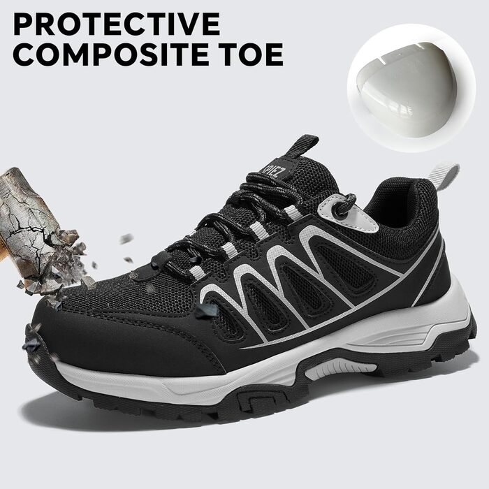Черевики безпеки унісекс SPIEZ для чоловіків та жінок, робочі черевики-кросівки, м'які черевики з захисною підошвою, легкі черевики для роботи та повсякденного використання, розміри EU36-46 (Чорно-сірий)