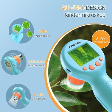 Портативний кишеньковий мікроскоп LCD 800x з LED підсвічуванням, USB підключення до ПК, SD карта та предметні скла, MS150