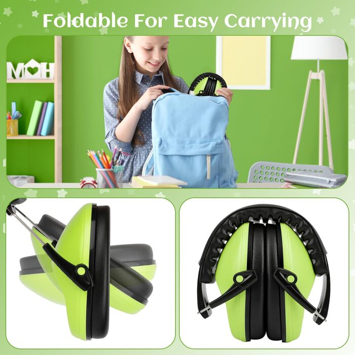 Навушники захисні дитячі Floriogra (2 шт) - капсульні, складані, для захисту слуху від шуму, зелені, 3-16 років