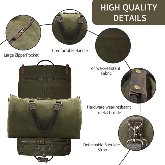 Сумка-чохол для одягу 2-в-1 Canvas Leder American Casual (Віск, Армійсько-зелений) для подорожей та бізнес-поїздок з плечовим ременем