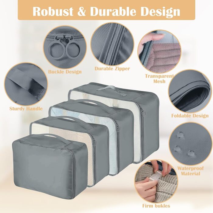 Набір органайзерів для валізи 13 шт., Packing Cubes, водонепроникні органайзери для подорожей та відпустки, дорожній органайзер з прозорими сумками (Сірий)