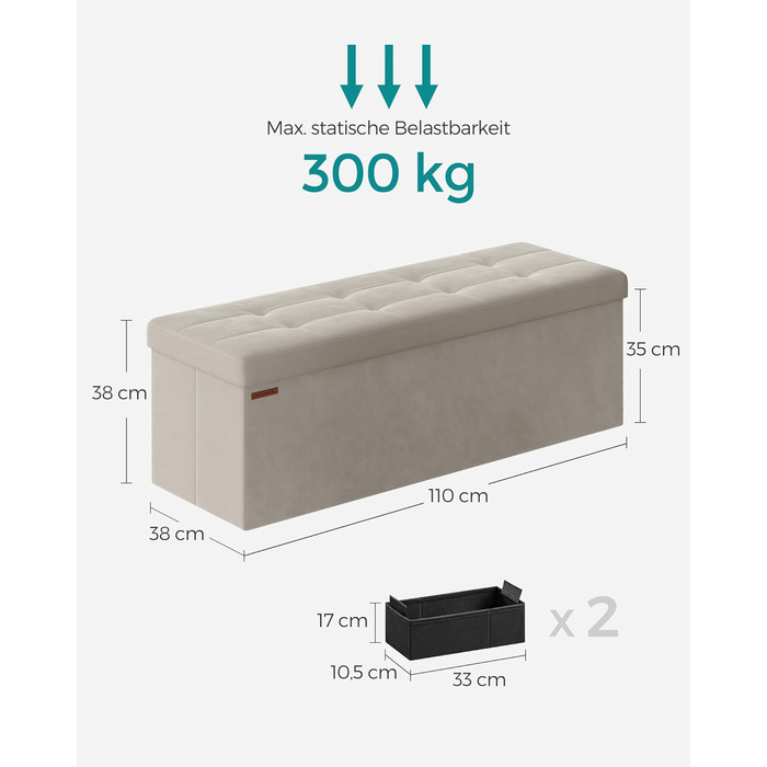 Скриня-банкетка SONGMICS з місцем для зберігання, складана, 110×38×38 см, пуф для передпокою, спальні, вітальні, кремово-біла, витримує до 300 кг