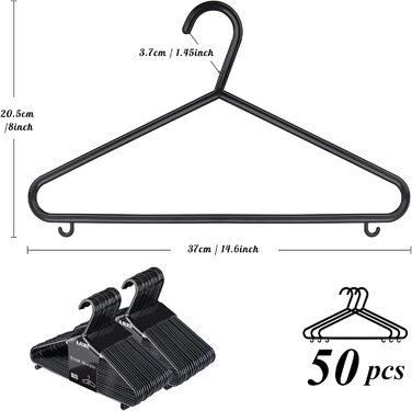 ilauke Standard Clothes Hangers Set, 50 Pieces Black Plastic Clothes Hangers, Multi-Purpose Skirt Hangers Space-Saving Clothes Hangers for Drying and Wet Laundry for Clothing Suits, Jackets, Trousers, 37CM