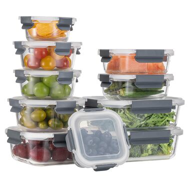 Скляні контейнери для зберігання їжі з кришками набір Frischhaltedosen: Meal Prep, мікрохвильова піч, морозилка, посудомийка, сірі