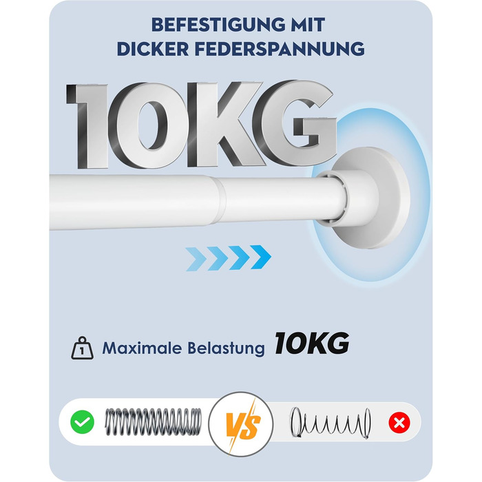 Висувна штанга для душу, штанга для душу без свердління, кріпиться без свердління, для шафи (70-195 см, білий)