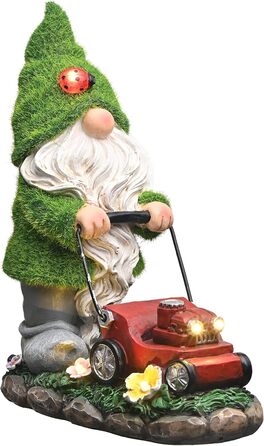 TERESA'S COLLECTIONS Outdoor Garden Decor with Solar Lighting 22cm Waterproof Garden Gnome Figurines with a Lawnmower Made of Artificial Resin Garden Gnomes for Outdoor Yard Lawn Balcony