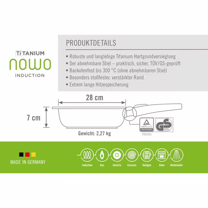 Woll Nowo Titanum High-Rim Frying Pan - Induction -, Ø 28 cm, 7 cm high, with detachable handle - Suitable for all types of stovetops, non-stick coating