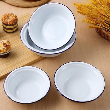 BESTonZON 4-Piece Enamel Soup Bowls, Enamel Basin, Enamel Bowl, Grease Pot with Lid, Enamel Mixing Bowl, Enamel Dishware, Four Sizes, Salad Bowl, Ramen Bowl