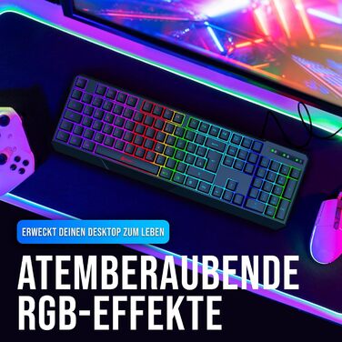 KLIM Chroma - ігрова клавіатура QWERTZ DE з підсвічуванням RGB, USB, водовідштовхувальна, ергономічна, для PC, Mac, PS5, PS4 - чорна