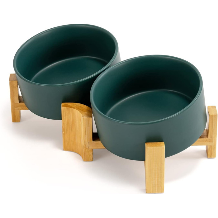 SpunkyJunky Adjustable Ceramic Dog Bowls - 2 Pack, 850ml, Green - Tiltable Pet Food Bowls for Dogs, Cats & Puppies with Bamboo Stand