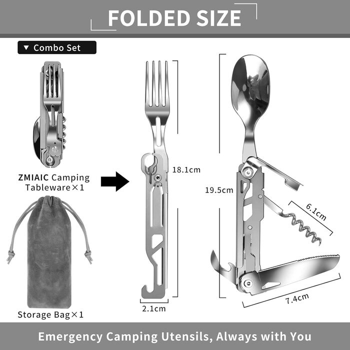 Німецький столовий прилад з нержавіючої сталі 5 в 1: ніж, виделка, ложка, набір для кемпінгу, туристичний посуд, портативний, з мішечком, для відпочинку на природі
