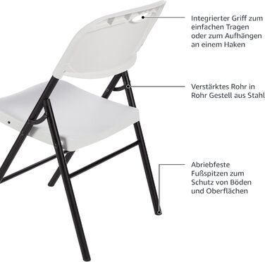 Amazon Basics Folding Chairs, Plastic and Metal, 4-Piece Set, Camping Chair, Kitchen Chair, for Indoor and Outdoor Use, Up to 158 kg, 4 Pieces (4 Pieces, White)