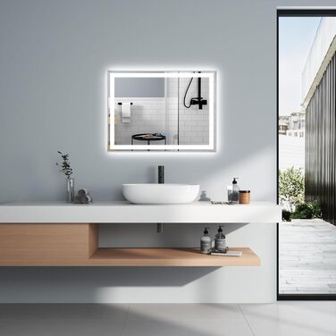 Дзеркало для ванної кімнати YU YUSING з підсвічуванням 60x80 см, протизапітніння, 3 кольори світла, регулювання яскравості, LED, годинник, IP44, металевий каркас, вертикальне, срібне