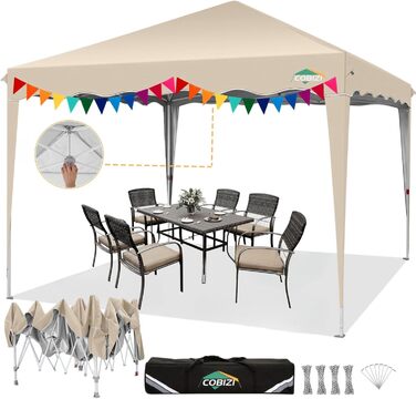 COBIZI Folding Gazebo 3x3, 3x3 Gazebo Waterproof Stable One Push UV Protection Outdoor Party Tent Wave Drip Tent Event Tent Tent Garden Gazebo Folding 3x3m With Carry Bag, Khaki