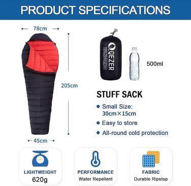 QEZER Summer Sleeping Bag, only 620g Ultralight Down Sleeping Bag, Small Pack Size for Kids, Boys and Girls, Adults, Camping, Trekking, Outdoor